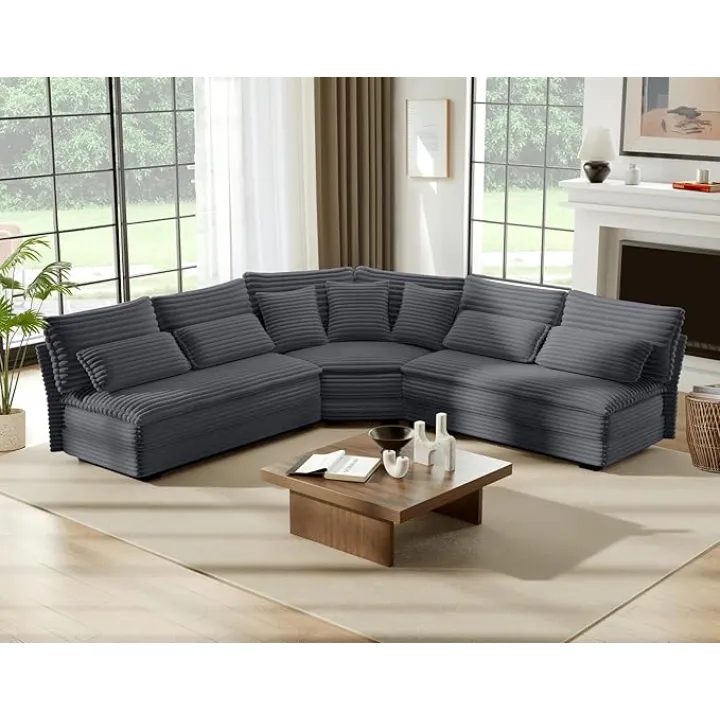 102" L-Shaped Sectional Sofa, Spacious Corner Sofa with Fan-Shaped Design, Corduroy Fabric, Oversized Cloud Couch with 2-Layer Cushions for Living Room, Aparment (Darkgray)