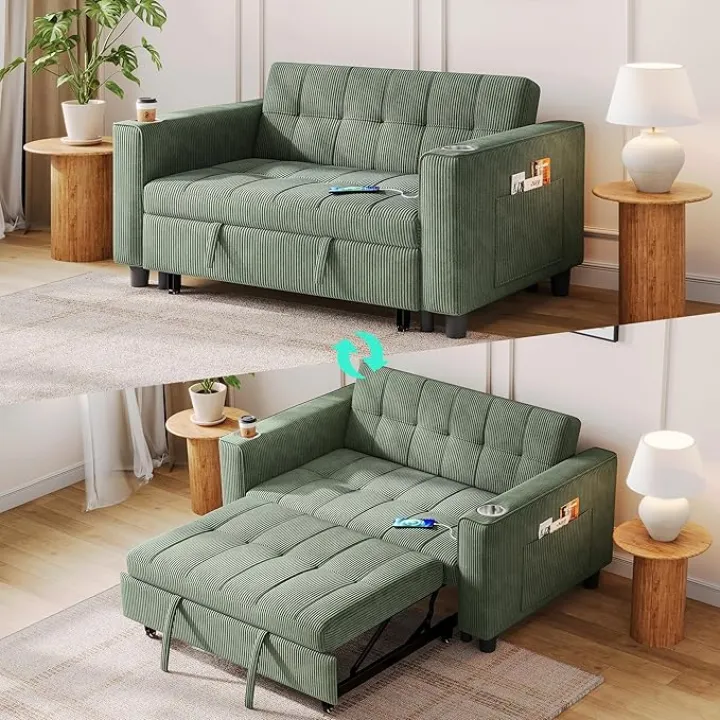 LINSY 3-in-1 Convertible Sofa Bed, 54" Pull Out Sleeper Sofa with Charging Station & Cup Holder, Small Folding Loveseat with Side Pocket for Small Space, Corduroy Couch, Green