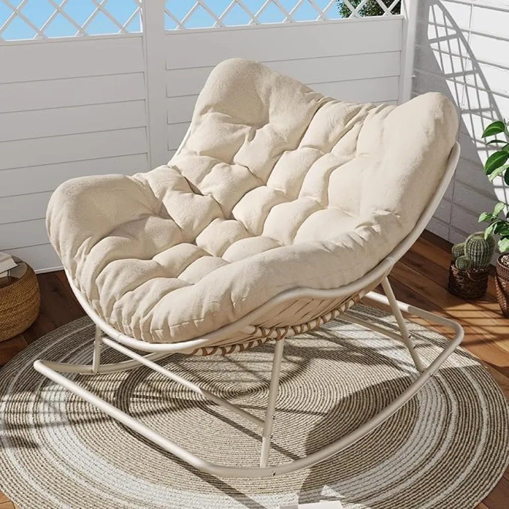 SWITTE Papasan Rocking Chair Outdoor Indoor, Oversized Egg Wicker Rocker with Cushion, Supports 450 lbs, Patio Chair for Balcony or Living Room - Cream