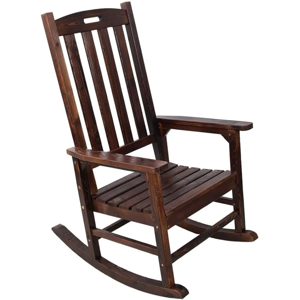Oversized Wooden Porch Rocker Chair – Outdoor/Indoor Fir Wood Rocking Chair with High Back, Wide Seat & Armrests, 330 lbs Capacity, All Weather Slatted Rocker for Patio, Garden, Living Room,Brown