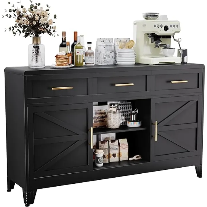 Sideboard Buffet Cabinet with Drawers, 59" Large Sideboard Cabinet with Doors & Adjustable Shelves, Modern Farmhouse Coffee Bar Console Table, Coffee Bar for Kitchen, Dining Room