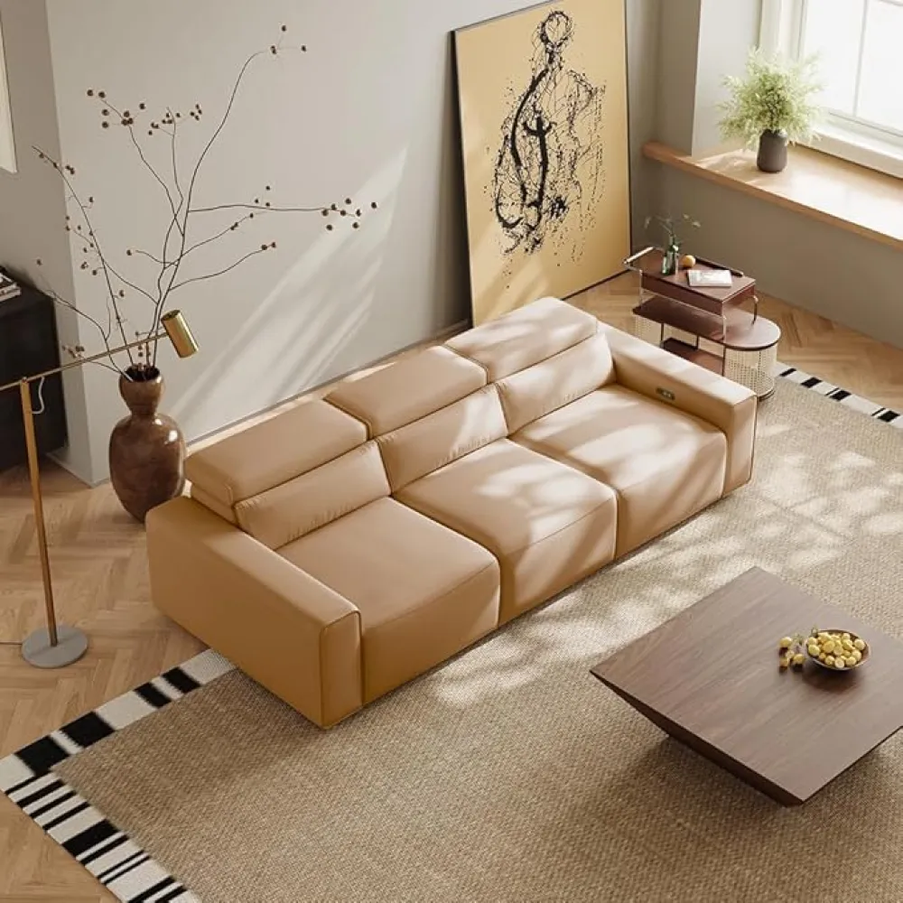 108" Modular Power Reclining Sofa with 3 Electric Recliners, Leather Sectional Couch with Adjustable Backrest and Footrest, Khaki