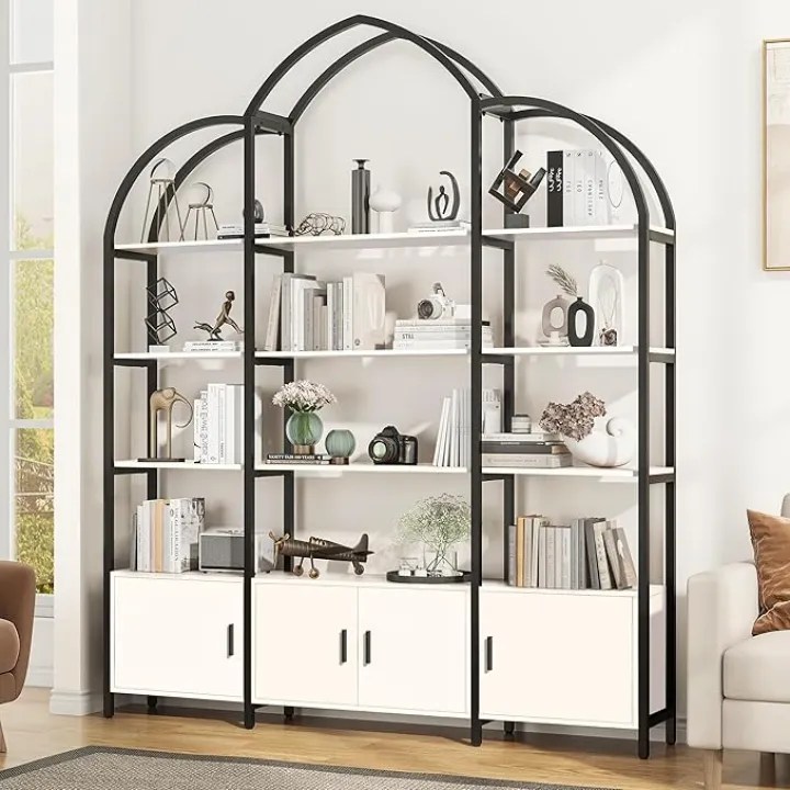 71.1" Tall Bookshelf Set of 2, 6-Tier Industrial Bookcase with Door & 18 Display Shelves, Geometric Book Shelf with Storage Cabinet, Freestanding Storage Shelving Unit for Living Room, White