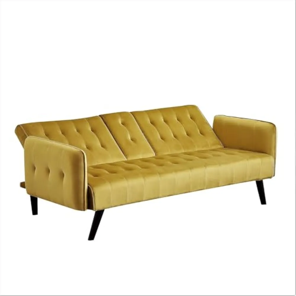 SOFA Container Furniture Direct 72" Velvet Convertible Bed with Cup Holders, Tufted Folding Futon Sleeper Couch, Mid-Century Modern 3 Seater for Small Spaces, 72" L x 34.6" D x 31" H, Yellow