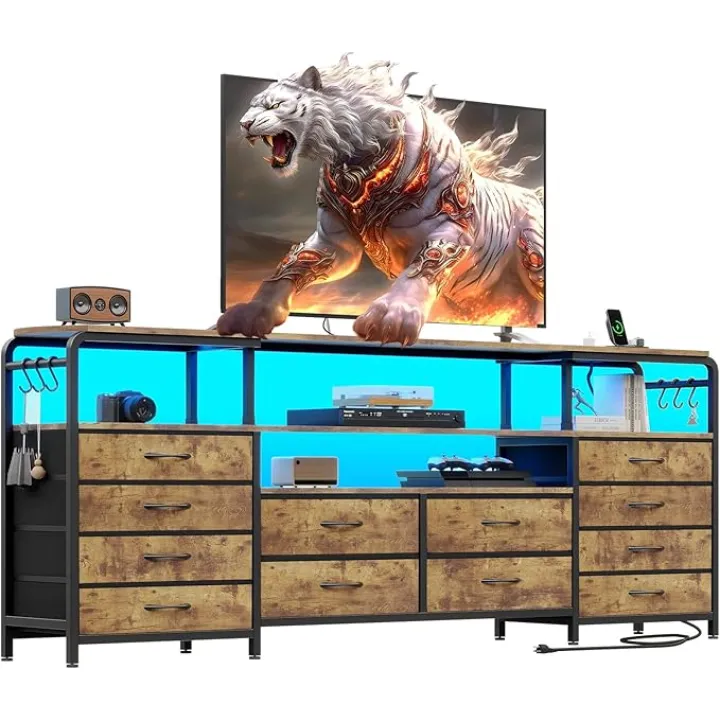 TV Stand for Bedroom for 65 70 75 Inch TV, Dresser TV Stand with LED Lights, Charging Station | 71" W Long TV Stand,Dresser for Bedroom with 12 Storage Drawers | Rustic Brown