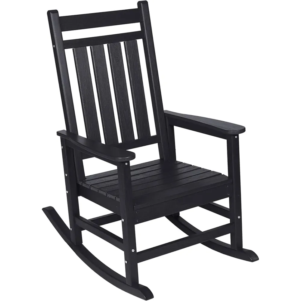 Oversized Adult Outdoor Rocking Chair, Comfortable All-Weather Porch Rocking Chair with Wooden Texture, Lawn and Garden Furniture, with armrests Suitable for Front Porch and Terrace, Black.
