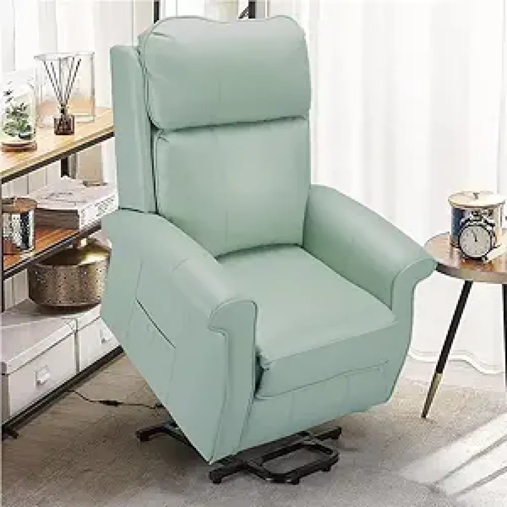 Power Lift Recliner Chair Elderly Faux Leather Adjustable Lounge Sofa Seat Remote Control Side Pocket Comfortable Backrest Mint Green Upholstery Supportive Electric Reclining Living Room Furniture