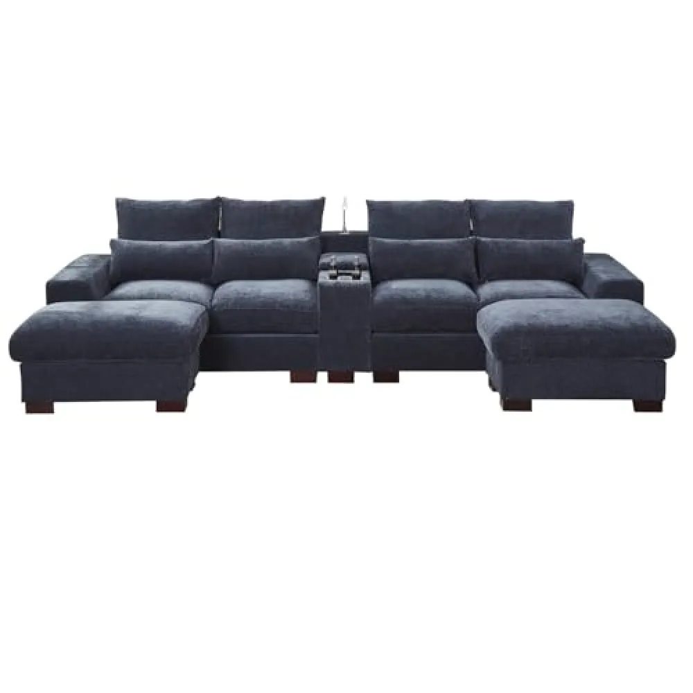 Hybition Sectional Sofa with 2 Ottoman, Chenille Living Room Set, LED Light, Wireless Charging, Storage Console, Cup Holder Dark Grey