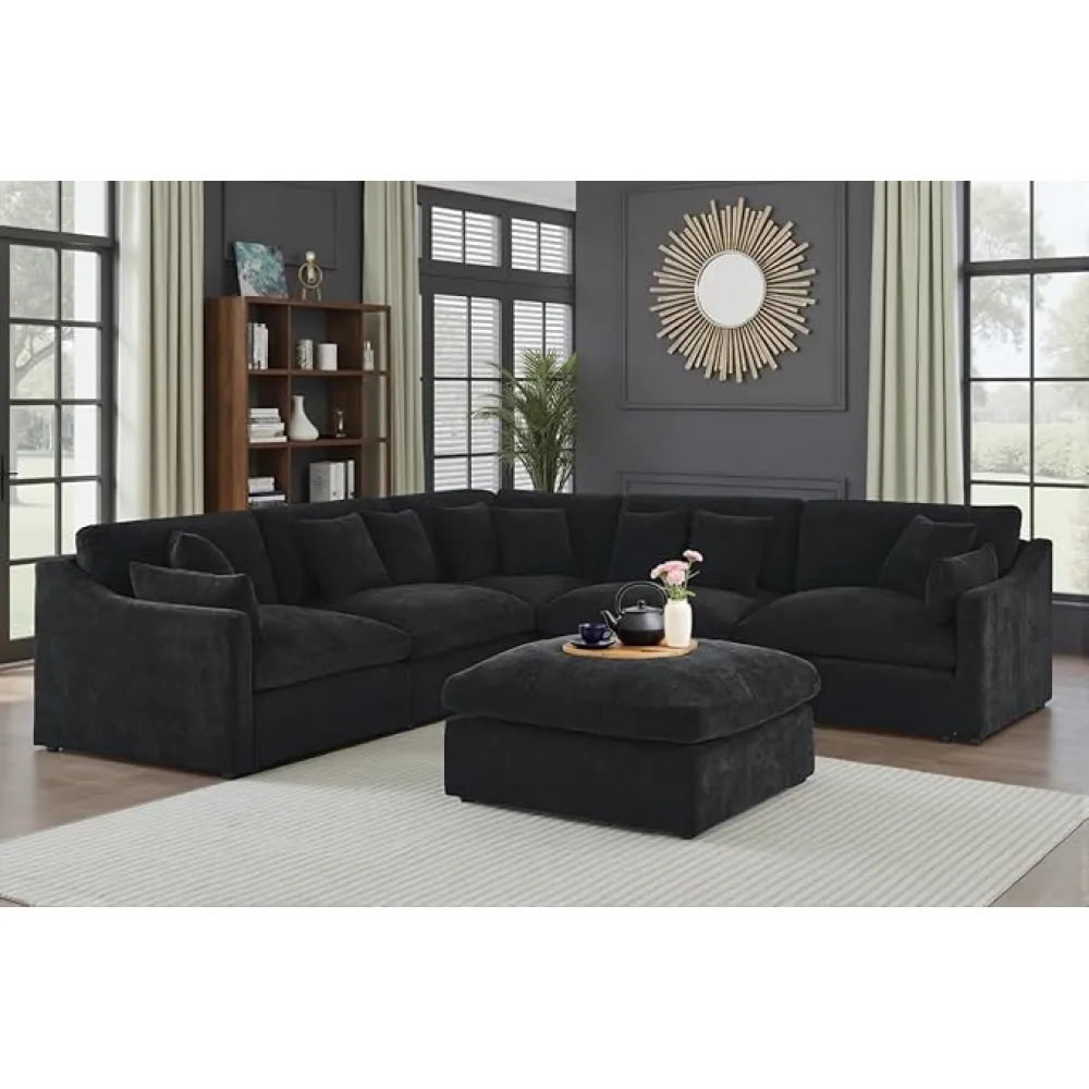 119” L-Shaped Modular Sectional Sofa with Ottoman, Free Combination Deep Seat Sofa with Down Feathers Filled & 10 Pillows, 6 Seats Oversized Corner Couches for Living Room Furniture (Black)