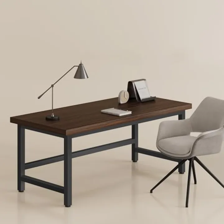 YOWOS Square Computer Desk, 61/47.2 x 23.6 inch Modern Writing Desk, Black Engineered Wood with Metal Frame (Walnut, 29.7" H x 61.0" L x 23.6" W)