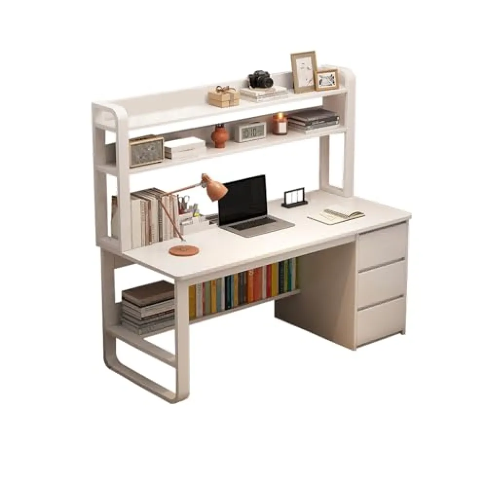 Generico Scrivania da Ufficio Beige con libreria e 3 cassetti, scrivania Moderna per Computer per Camera da Letto e Studio, Struttura in Metallo Robusto, 140 x 39 x 145 cm - Design salvaspazio