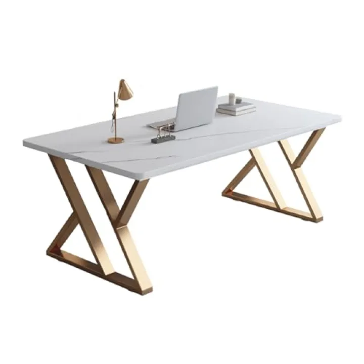 Generico Scrivania da Ufficio in Legno di Roccia ad Alta durezza, Bianco e Oro, 80x60x75 cm (31,5x23,6x29,5 Pollici), Resistente al Calore, Versatile per Uso Domestico e in Ufficio, Design Moderno