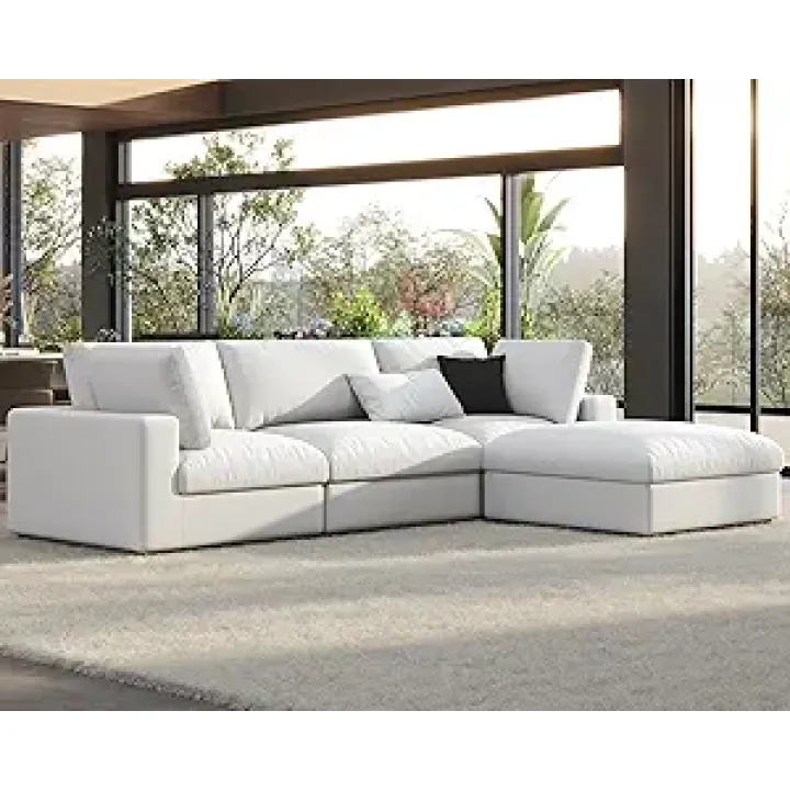 PaPaJet 114-Inch Cloud Sectional Sofa, Oversized Down-Filled Modular Couch, 4-Seater L-Shaped Sofa with Chaise and Ottoman, White Linen Cloud Couch for Living Room