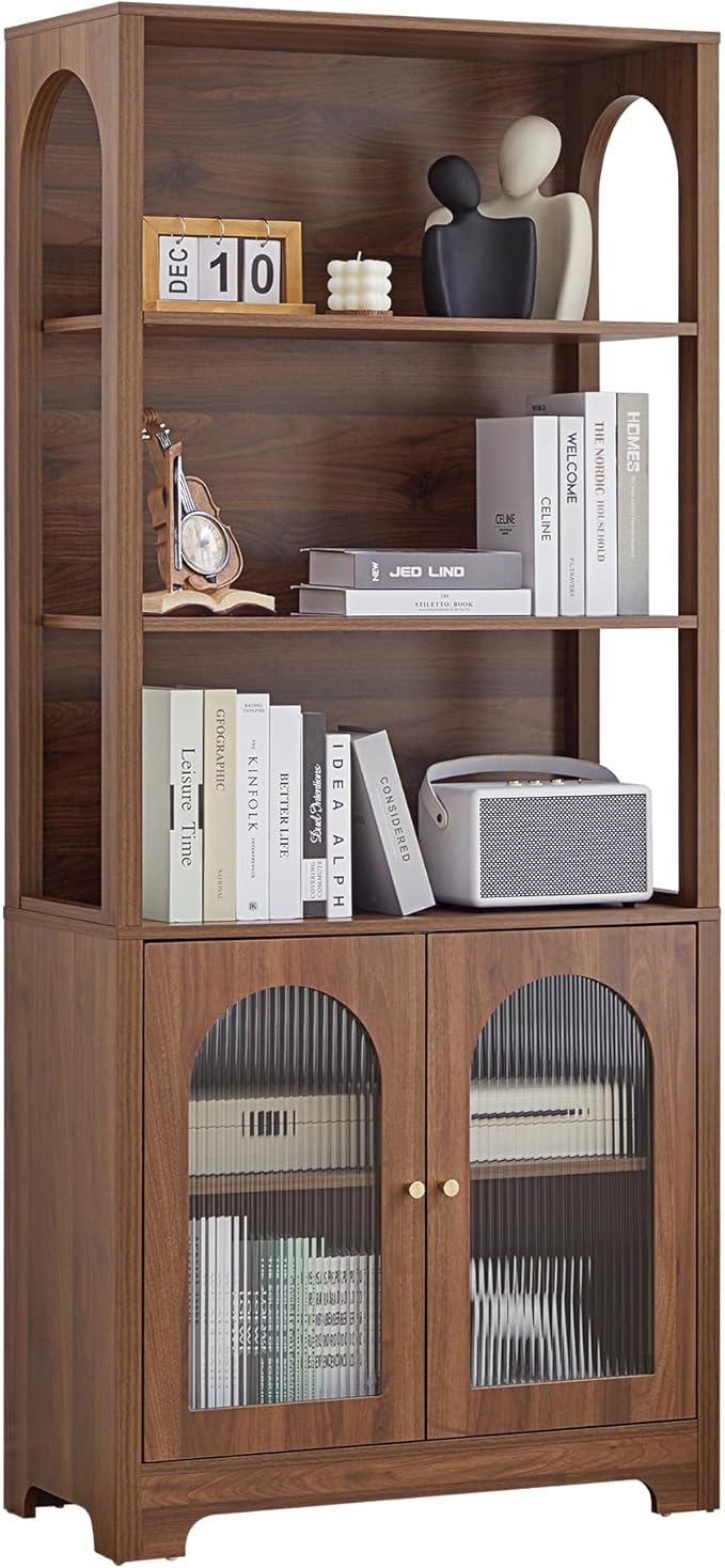 71" Tall Cabinet Bookcase with Glass Doors, 5-Tier Arched Book Shelf with Open & Adjustable Shelves, Wooden Large Bookshelf, Display Storage Cabinet for Living Room, Office (Walnut)