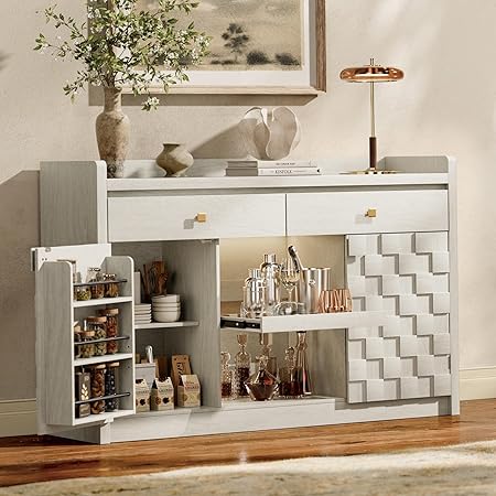 Fluted Sideboard Buffet Cabinet with Charging Station & LED Light, 55" Large Kitchen Cabinet w/ 2 Drawers, Modern Storage Cabinets w/Pull-Out Shelf & Spice Rack for Kitchen, Dining Room (White Oak)