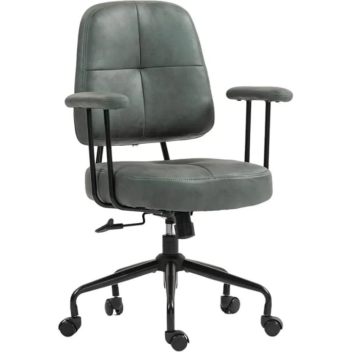 ECOTOUGE Mid Century Modern Fabric Office Chair with Wheels, Upholstered Desk Chair with Armrests, Adjustable Faux Leather Desk Chair with Rolling Wheels for Home Office, Green