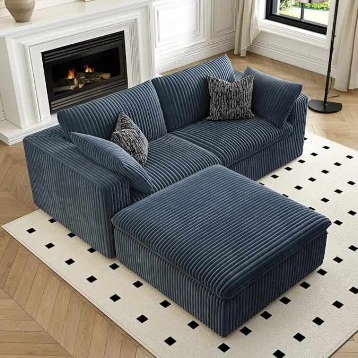 LoveSeat Cloud Couch Modular Sectional Sofa for Living Room,Modern Sofa with Deep Seat，2 Seater Boneless Couch with Ottoman,Comfy Upholstered Couches for Apartment, Studio, Office,Bedroom，Blue
