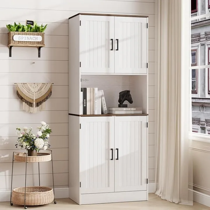 71" Tall Pantry Cabinet with Charging Station, Farmhouse Kitchen Hutch with Adjustable Shelves, Modern Kitchen Pantry Storage Cabinet for Dinning Room & Living Room, Antique White