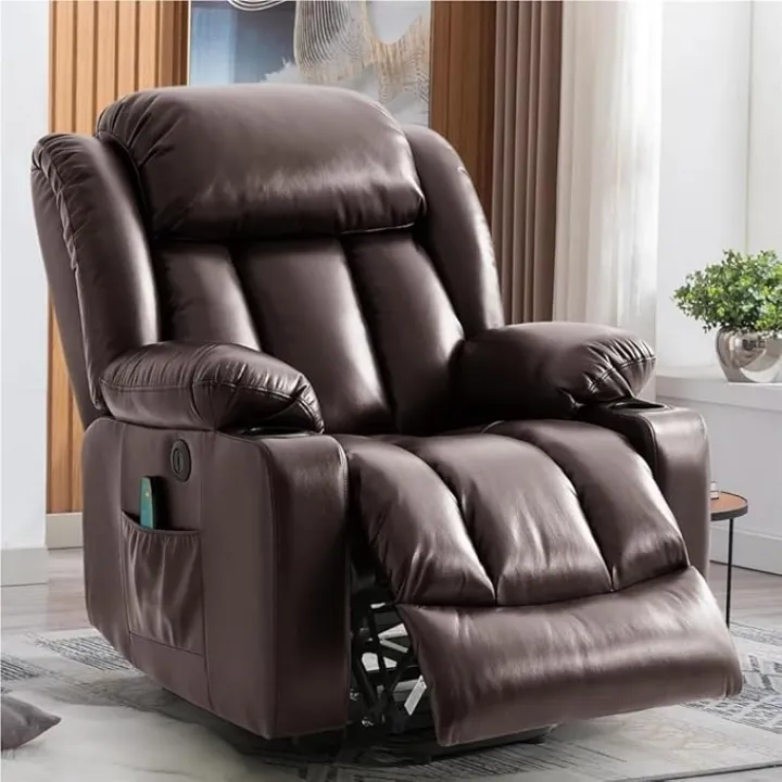 Electric Power Lift Recliner Chair for Elderly Adults with Massage Heat Remote Control USB Charging Ports Cup Holders Side Pockets Brown Genuine Leather Upholstery Heavy Duty Living Room Sofa