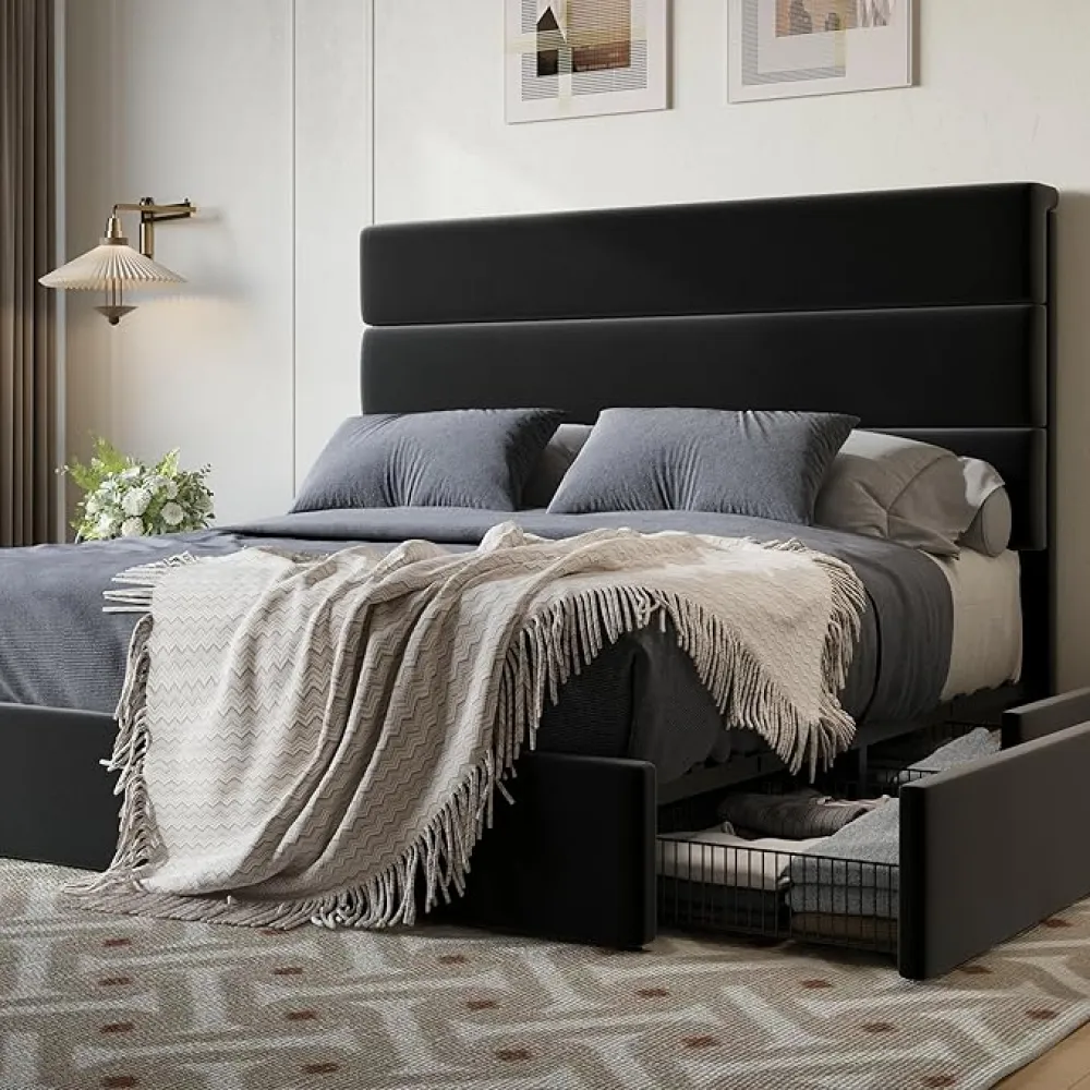 SHA CERLIN Queen Size Platform Bed Frame with 4 Storage Drawers, Velvet Upholstered Headboard, Mattress Foundation with Wooden Slats Support, No Box Spring Needed, Easy Assembly, Black