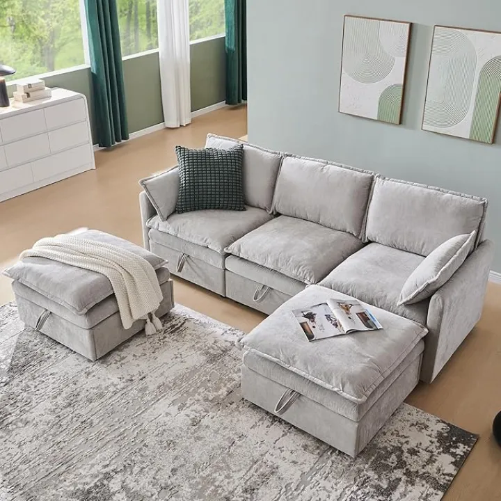 88.98" Cloud Couch Sectional with Large Storage, Modern U-Shape 3 Seater Modular Couch Sofa with Ottoman, Chenille Sofa with Deep Seat & Pillow for Living Room, Bedroom, Light Grey