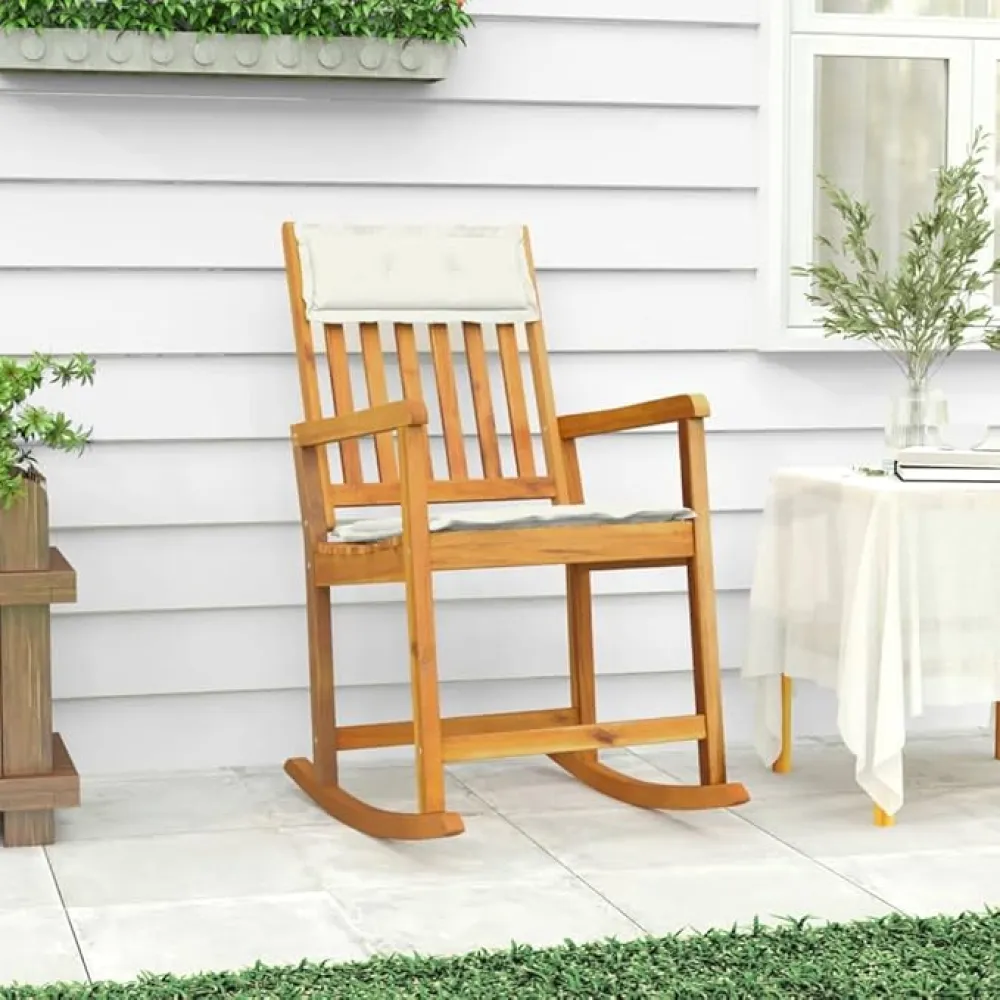 Cream White Solid Acacia Wood Rocking Chair for Indoor and Outdoor Use, Comfortable Lounge Chair with Soft Cushions, Patio Furniture Rocker for Reading Relaxing Living Room