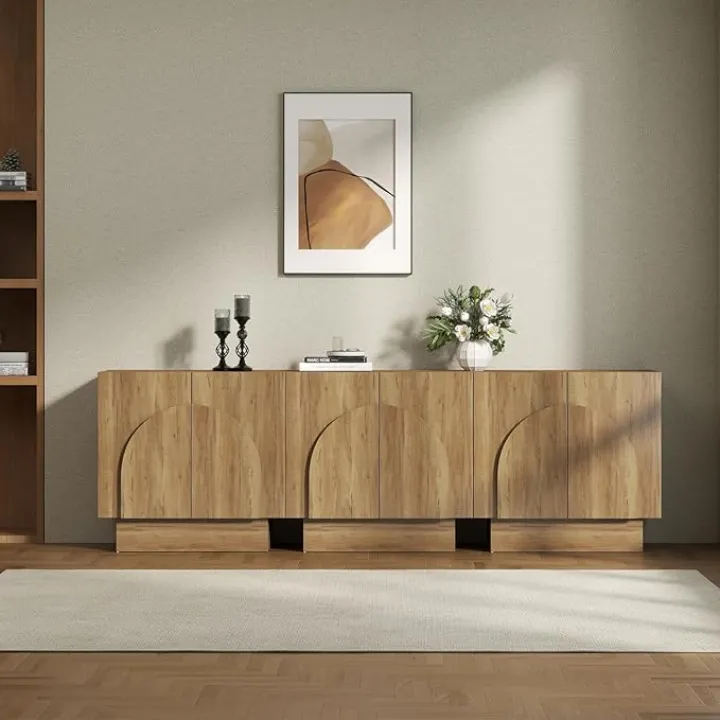 Modern Buffet Sideboard Cabinets with Storage, Natural Retro Wooden Accent Display Cabinets with Hinges Arched Door, Media Console Credenza for Living Room/Entryway, 3PCS