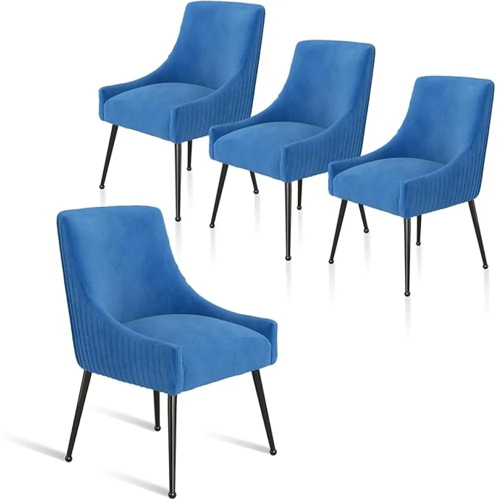 Velvet Dining Chairs Set of 4,Blue Upholstered Living Room Chairs with Black Metal Legs, Modern Tufted Accent Chairs for Living Room, Study Room, Kitchen