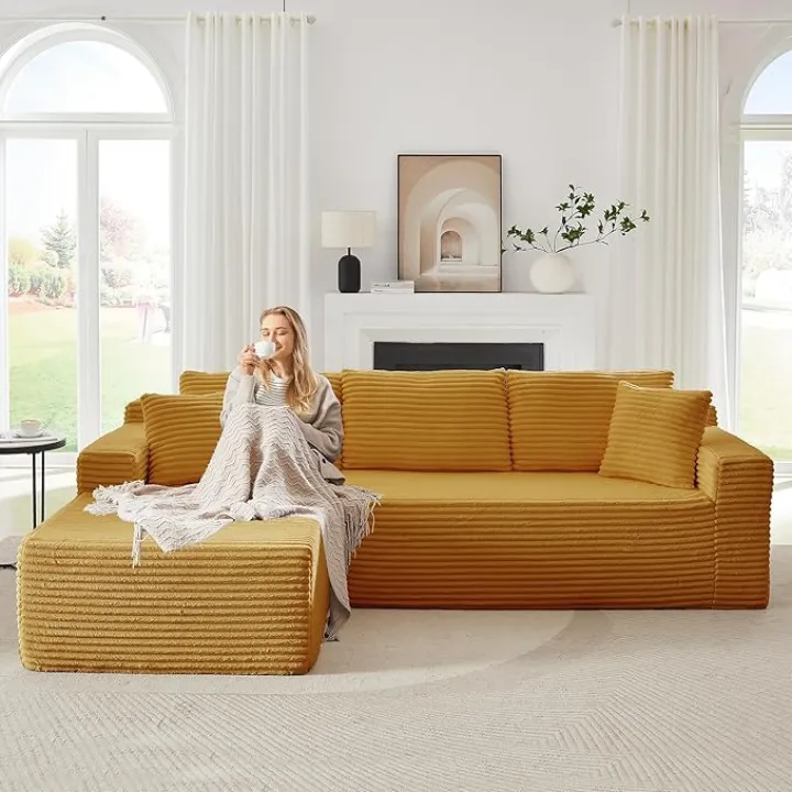 104 Inch Cloud Sectional Couch with L-Shape Chaise,Modern Upholstered Couches with Deep Seat,Corduroy Sponge Compressed Sofa for Living Room,No Assembly Required (Yellow, Left Facing Chaise)