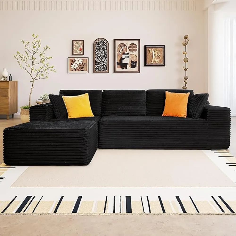 108" Cloud Sectional Couch Sofa with L-Shape Chaise, Modern Modular Sofa Couch with Deep Seat, Upholstered Couches for Living Room Bedroom, No Assembly Required (Black)