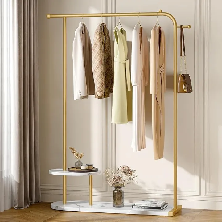 Raybee 67" H Gold Clothing Rack, Modern Coat Rack with Two-Tier Storage, Clothes Rack with a Display Stand for Boutique Store, Living Room, Bedroom
