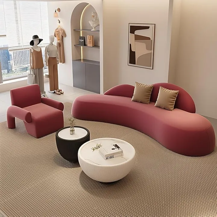 Modern Sectional Sofa Set - with Coffee Table and Accent Chair | Burgundy Leather Sectional Couch | Wave Backrest | High Resilience Foam | Solid Wood Frame | Couches for Living Room(WINE RED-A,110 IN)