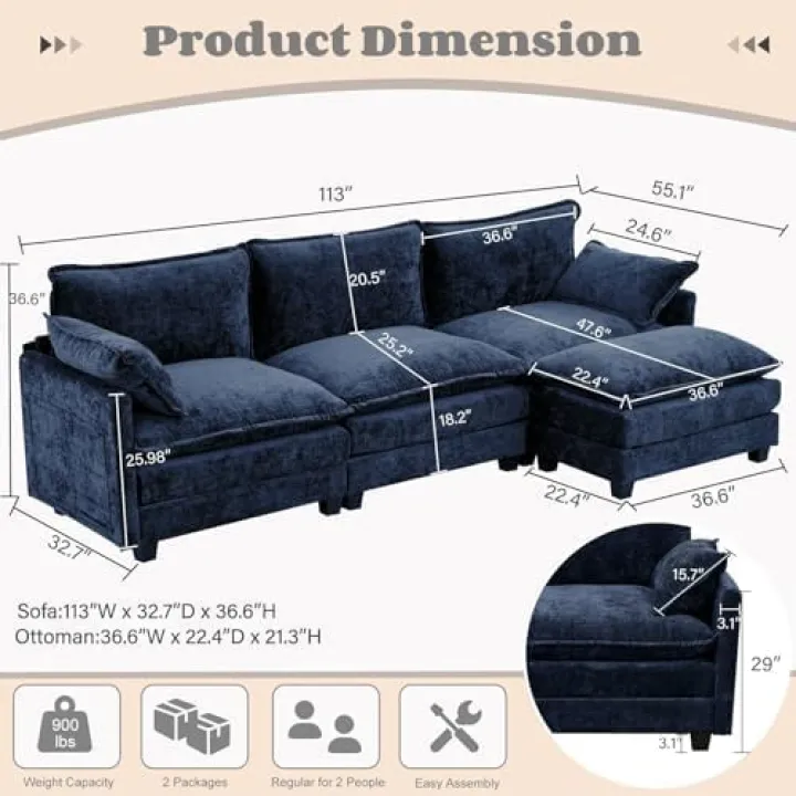 Sectional Couches for Living Room, L Shaped Couch Cloud Couch Comfy Couches, 3 Seat Sofa Comfy Sectional with Ottoman/Pillows for Apartment, Bedroom, Blue, 113 Inch