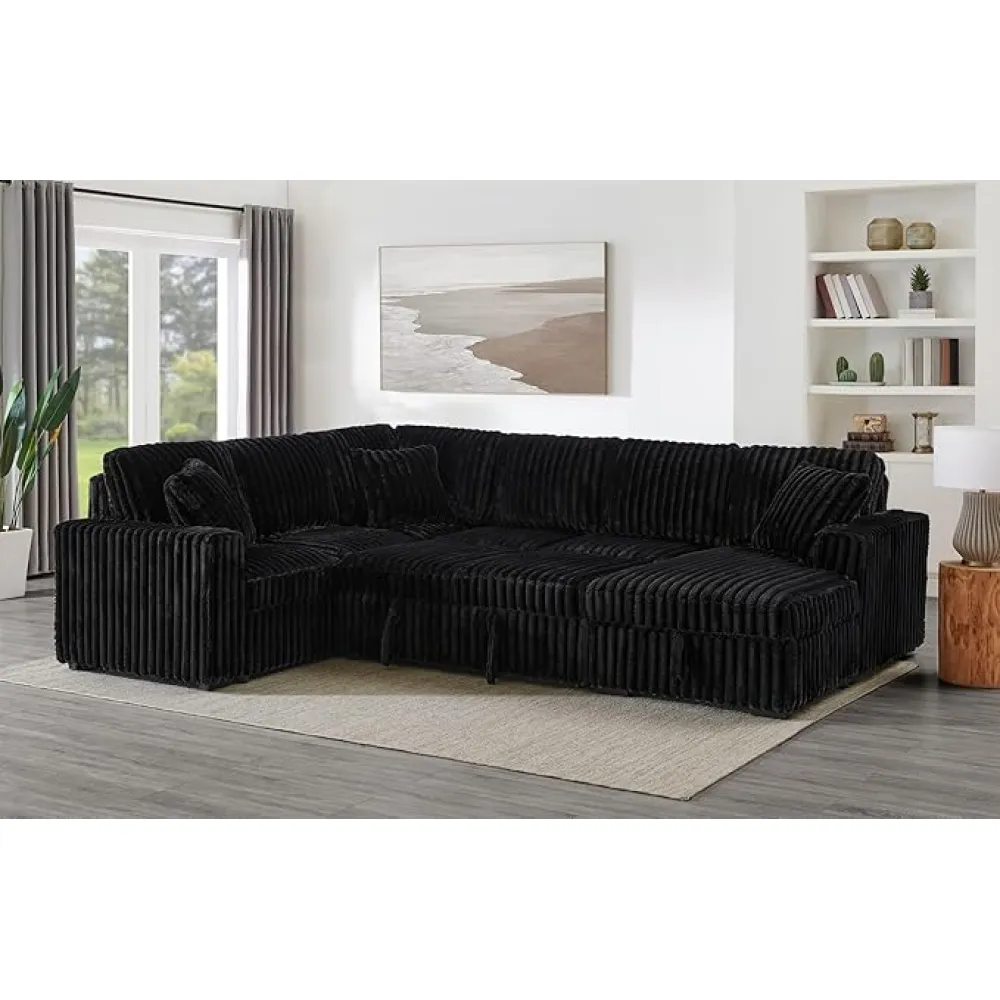 122 Inch Pull Out Couch, Rabbit Plush Fabric Sofa Bed with USB Ports & Comfy Upholstered,Padded Stool