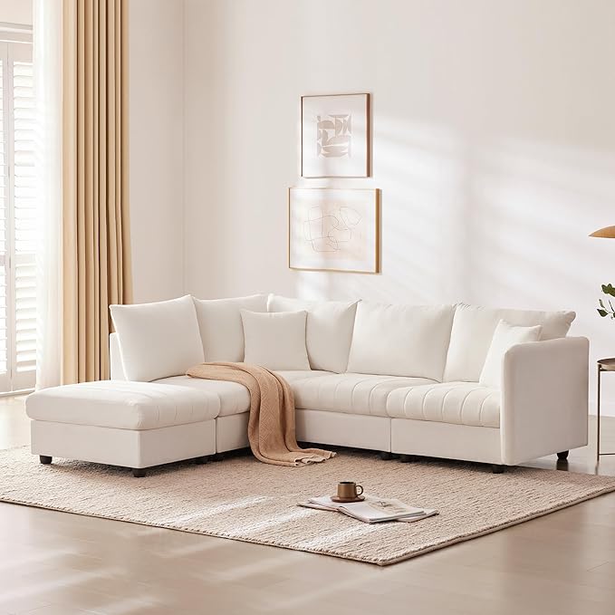 Modern L-Shaped Sectional Sofa for Comfort and Versatility, Includes Convertible Ottoman and Two Pillows, Stylish Indoor Furniture
