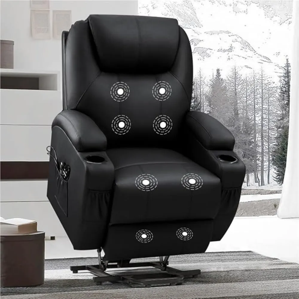 Electric Power Lift Recliner Chair for Elderly Adjustable Massage Sofa Leather Seat with Side Pockets Cup Holders Comfortable Black Reclining Chair for Adults Seniors Living Room Supportive Backrest