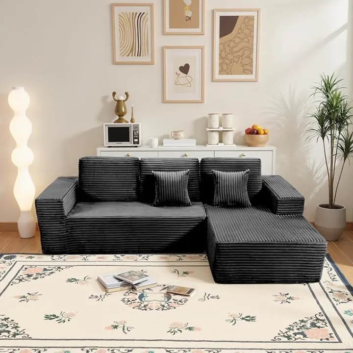 108" Cloud Sectional Modern Couch with Deep Seat, Plush Corduroy Fabric Modular Fluffy Sofa with Chaise Longue for Living Room Bedroom No Assembly Required - Deep Grey,Right