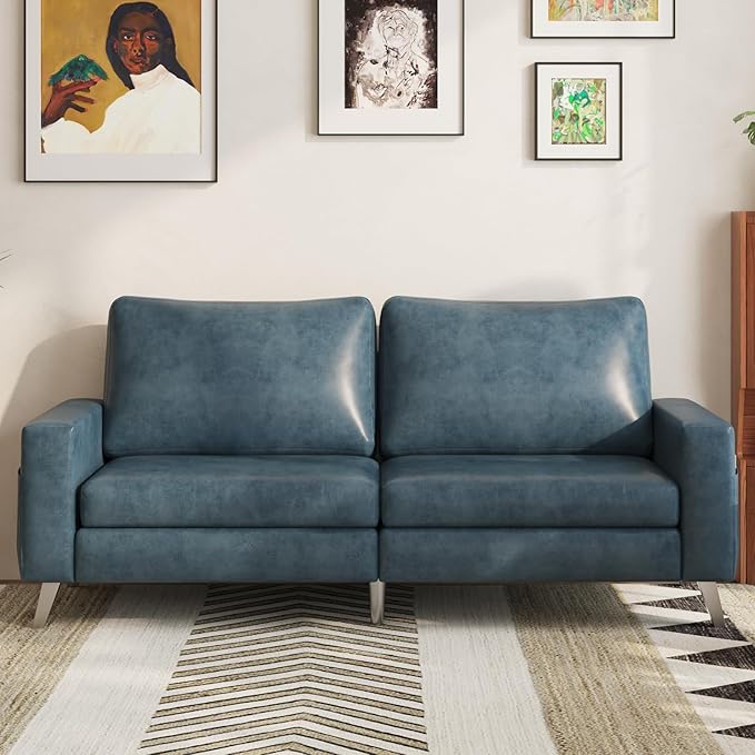 Esright 79" Faux Leather Couch for Living Room, Loveseat Small Sofa, Modern Sofa,Blue Comfy Couch for Apartment Office