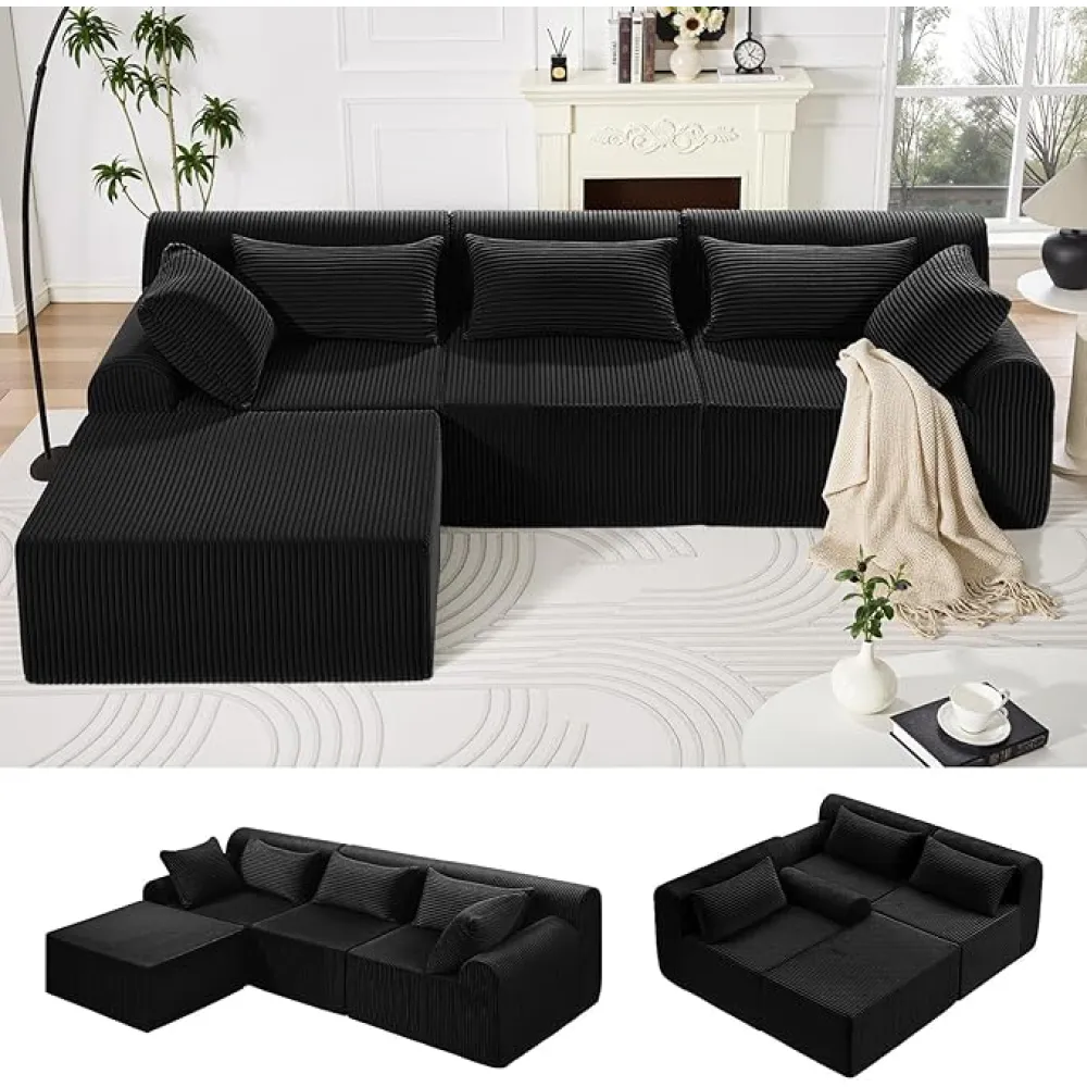116” Cloud Sectional Couch, Modern Modular Sectional Sofa with Deep Seat & Movable Ottoman, Corduroy Boneless Couches for Living Room, L-Shaped Sofa with 5 Pillows, No Assembly Required, Black