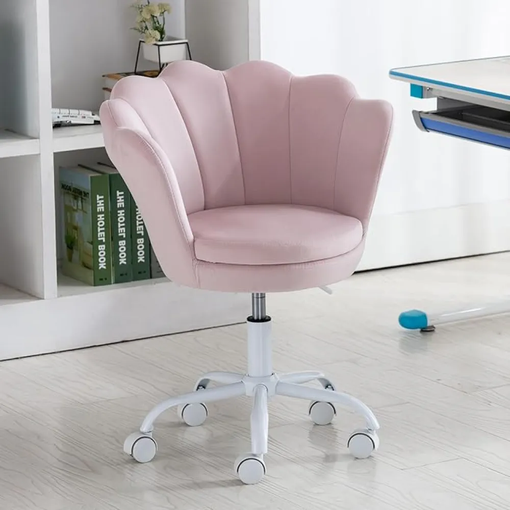 Pink Kids Desk Chair, Cute Velvet Adjustable Children Desk Chair Rolling Study Armchair Upholstered Computer Chair Shell Back 360° Swivel Vanity Chair for Teen Boys Girls Bedroom Study