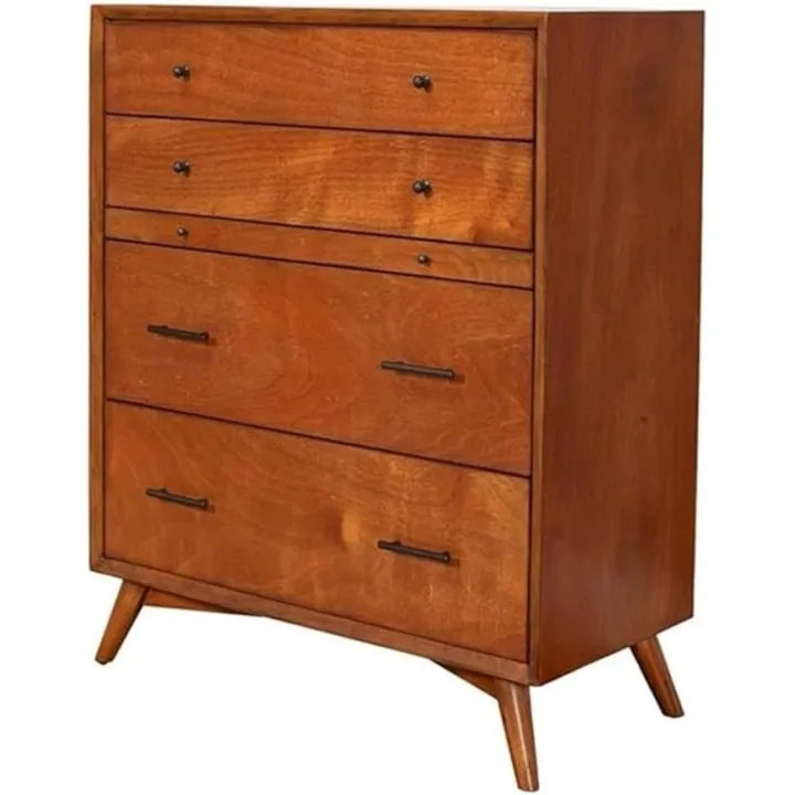 Flynn Chest Acorn Finish Solid Wood 5 Drawer Dresser for Bedroom Storage Contemporary Organizer for Clothes Accessories Durable Smooth Glide Drawers Stylish Compact Furniture Piece
