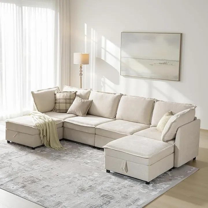 Cloud Modular Sectional Couch for Living Room, U-Shaped Oversized Sectionals Sofa with Storage Ottoman, Morden Couches with Chenille for Bedroom, Apartment, Beige