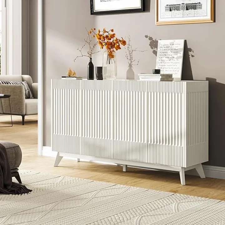 65" Buffet Cabinet with Storage, Sideboard Cabinet with Doors & Adjustable Shelves, Fluted Credenza Modern Buffet Table Accent Coffee Bar Console Table for Kitchen Dining Room Entryway Hallway