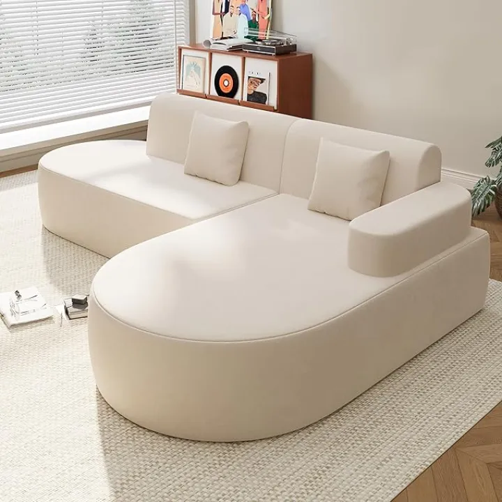 MELLCOM Modern Curved Boneless Sofa Couch, L-Shaped Corner Sofa, No Assembly Needed, Chenille Upholstered Cloud Sectional Couch for Living Room, Bedroom and Apartment (Beige, Right Hand Facing)