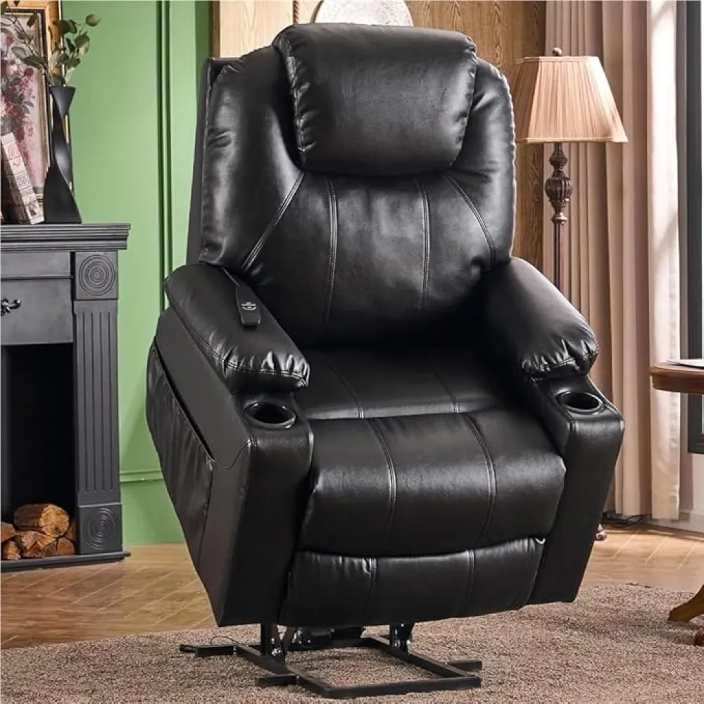 Power Lift Recliner Chair for Elderly Electric Recliner with Massage and Heat Adjustable Lounge Chair with USB Type C Ports Cup Holders Comfortable PU Faux Leather Recliners for Living Room Black