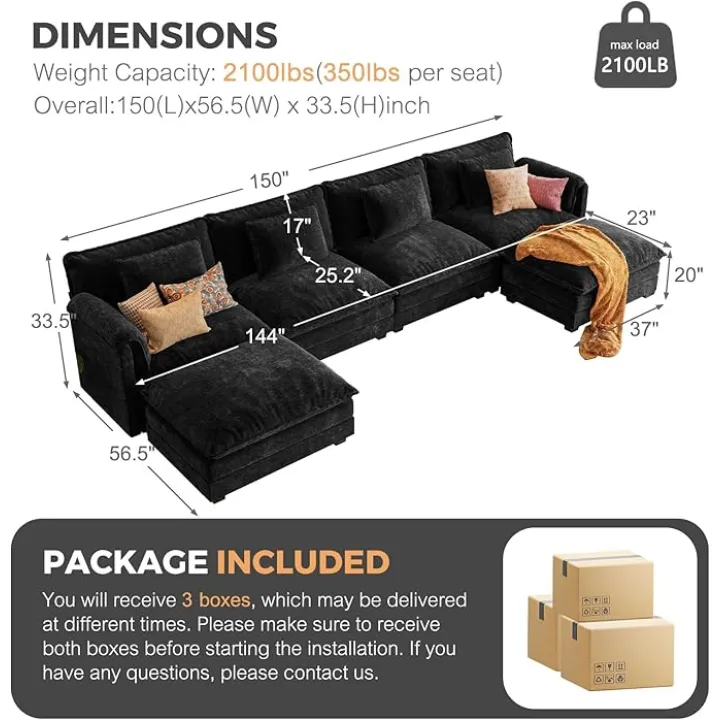 ELUCHANG 150" Oversized Modular Sectional Sofa, Comfy Deep Seat Cloud Couch, 6 Seater U Shaped Modern Sofa with Removable Cover for Living Room, Apartment, DIY Combination, Chenille Black