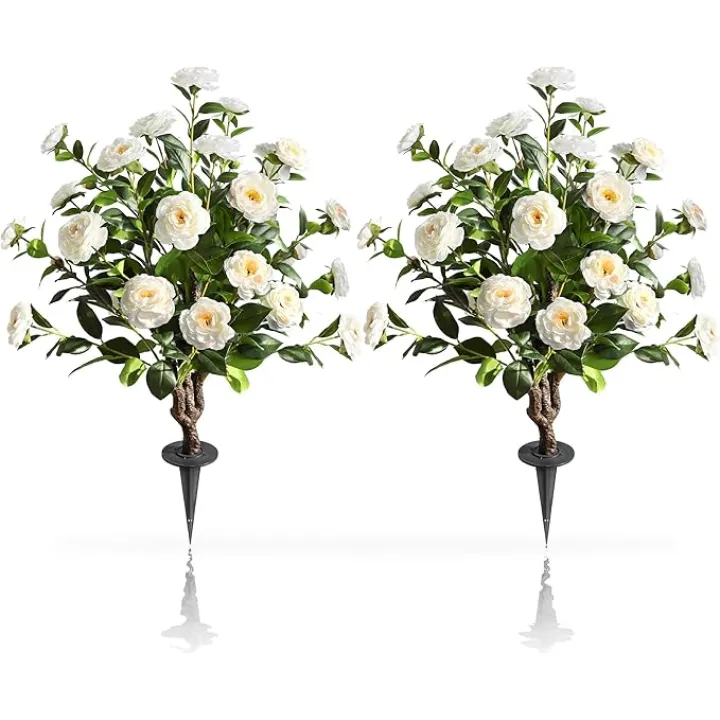 momoplant Artificial Camellia Tree 2-Pack - 36 Inch Spike Faux Camellia Plant for Porch Decoration Indoor Outdoor Office Home White