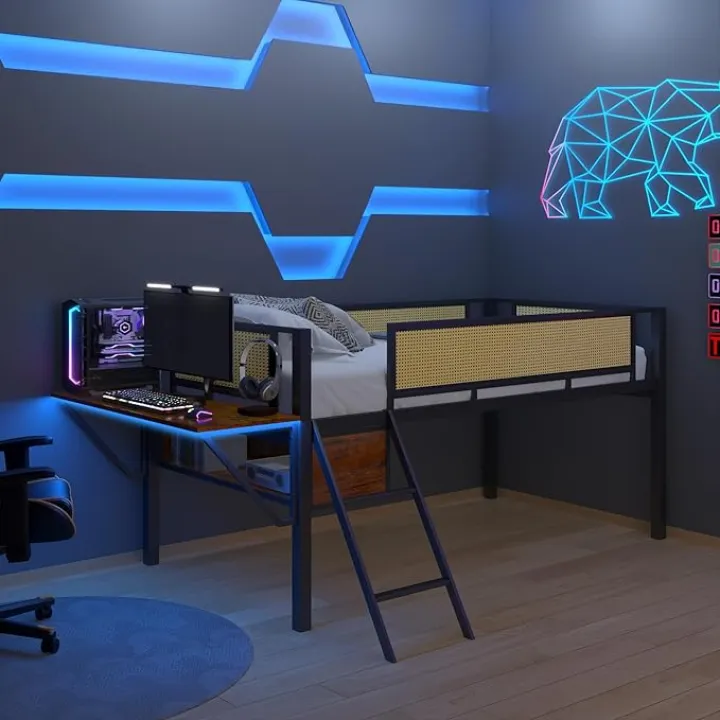 Twin Size Low Loft Bed with Rectangular Desk and Led Lights, Twin LED Loft Metal Bed Frame with Storage Shelves, Safety Guard & Ladder, No Noise,No Box Spring Needed (Black Brown, Twin)