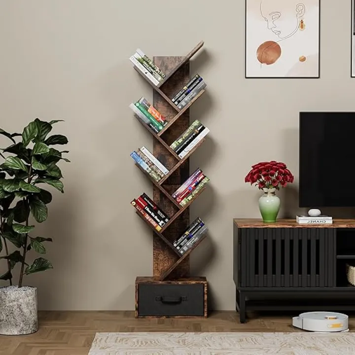 Stylish 9 Tier Tree Bookshelf with Drawer for Home Office, Rustic Brown, Space-Saving Storage Solution