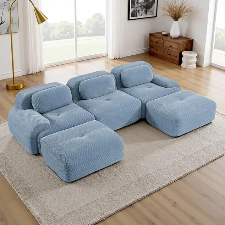 117.3” Modular Sectional Sofa, Corduroy Boneless Sofa for Living Room, Comfy 4 Seater L Shaped Cloud Couch Sectional with Deep Seat and Ottoman & Button Tufted Cushions, No Assembly